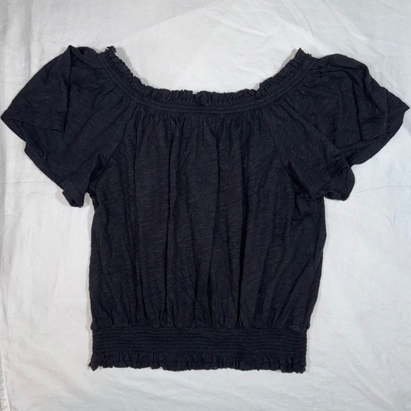 We The Free Black Off The Shoulder Smocked Ruffle Sleeve Tie Neck Tassel Top - Picture 5 of 7